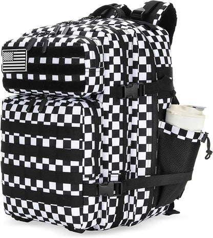 25L Tactical Military Backpack Small Travel Rucksack for Men and Women Assault Pack Bug Out Bag Molle Daypack Gym Backpack with Bottle Holder (Black White Checkered)