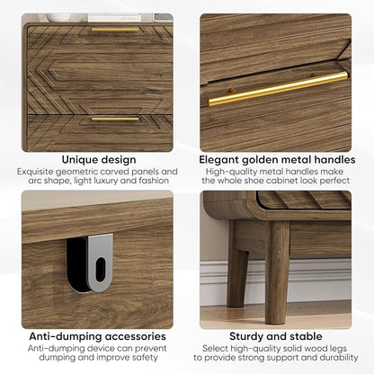 Vibe & Dine Modern Shoe Cabinet with 2 Flip Drawers, Shoe Storage Organizer for Entryway Slim, Freestanding Wood Shoe Rack Cabinet for Hallway, Bedroom, Living Room, Black Walnut