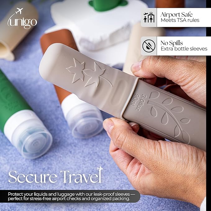 unigo Travel Bottles For Toiletries, 3.oz TSA Approved Containers, Travel Size Toiletries, Shampoo and Conditioner Bottles, Leak Proof and Refillable Bottles, Extra Bottle Covers (Multicolor C)