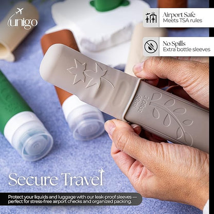 unigo Travel Bottles For Toiletries, 3.oz TSA Approved Containers, Travel Size Toiletries, Shampoo and Conditioner Bottles, Leak Proof and Refillable Bottles, Extra Bottle Covers (Multicolor C)