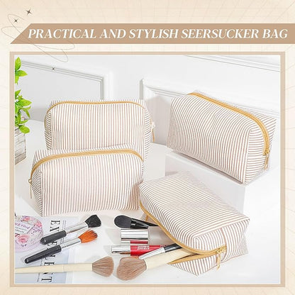 Sanwuta 6 Pcs Seersucker Cosmetic Bags Bulk Seersucker Makeup Bags Stripe Women Pouch Large Preppy Storage Pouch Toiletry Travel Organizer for Wedding Bridesmaid Bride Favor Mom Gift (Khaki)