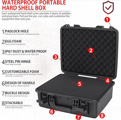 Hard Case with IP67 Waterproof Shockproof Tool Box for Microphone, Drones, Camera, Equipments, Portable Storage Case, 18.3 x 15.7 x 7.6 Inch