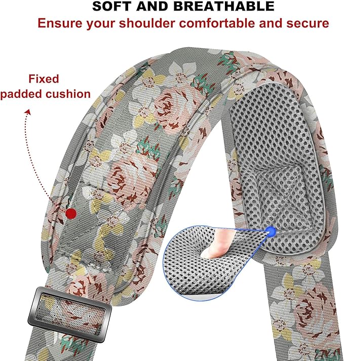 ZINZ 60" Universal Bag Strap with Ultra-Thick Fixed Breathable Pad Adjustable Heavy-Duty Shoulder Strap for Laptop Bag Crossbody Luggage Gym Bag Camera Bag and More,Gray Flower