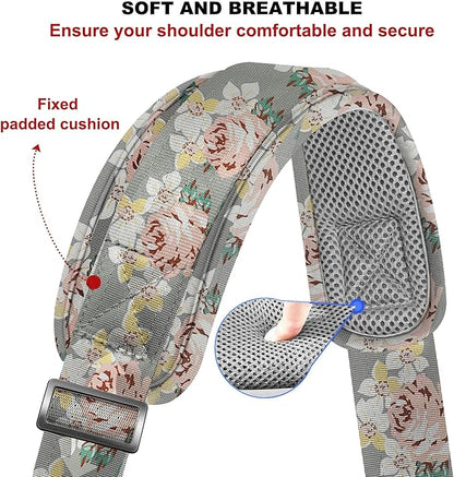ZINZ 60" Universal Bag Strap with Ultra-Thick Fixed Breathable Pad Adjustable Heavy-Duty Shoulder Strap for Laptop Bag Crossbody Luggage Gym Bag Camera Bag and More,Gray Flower