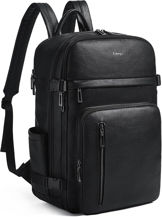 Travel Backpack for Women, Fits 17.0" Notebook, Stylish Lay-Flat Carry-on Vegan Leather Backpack with Luggage Strap for Travel and Daily Use