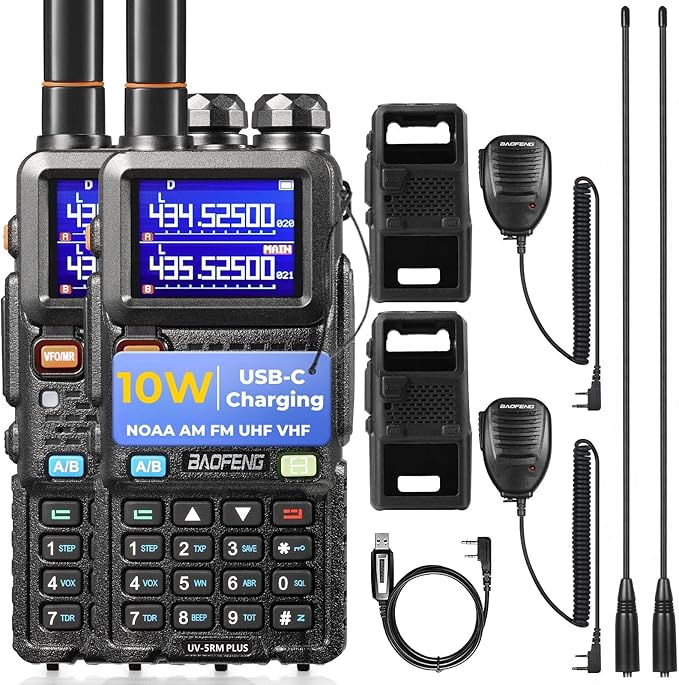 BAOFENG UV-5RM Plus 10W Ham Radio Handheld, Dual Band Two Way Radio Long Range, NOAA FM Airband Receiver, with Soft Case, Programming Cable, 2500mAh Battery USB-C Port, Chirp Compatible (2 Packs)