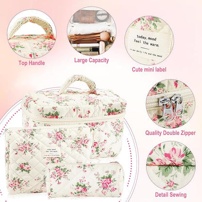 3Pcs Cotton Quilted Makeup Bag for Women Girls Large Small Travel Pink Floral Cosmetic Bags Set Cute Coquette Makeup Pouch for Purse Aesthetic Cloth Flower Storage Toiletry Bag Organizer