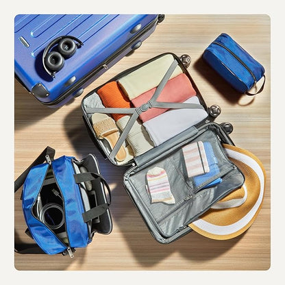Amazon Basics 4-Piece Luggage Set, Including Two Hardside Suitcases With Multidirectional Spinner Wheels (22" Carry-On and 28" Checked), Plus 15-inch Tote Bag and 10-inch Compact Travel Bag, Navy Blue