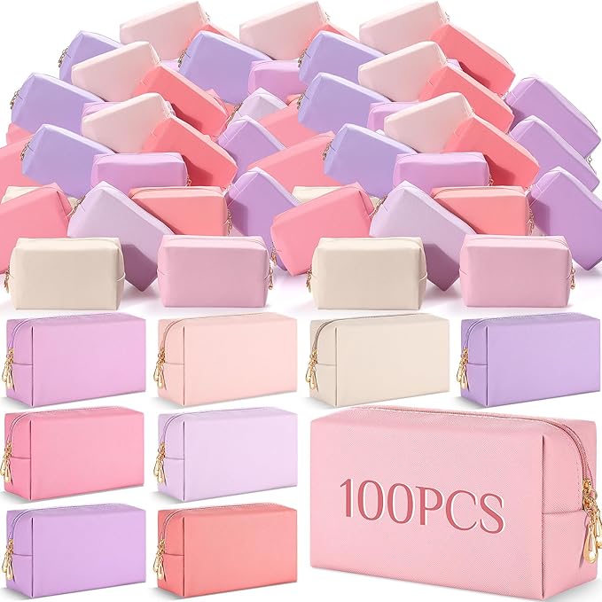 Cunno 100 Pcs Makeup Bags Bulk PU Leather Cosmetic Pouch Christmas Small Pouch Bag DIY Toiletry Bags Preppy Aesthetic Travel Storage Organizer for Women Travel Christmas Party Gift(Pink Purple)