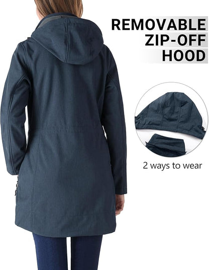 Outdoor Ventures Women's Softshell Jacket with Removable Hood Fleece Lined Windbreaker Insulated Long Warm Rain Jacket