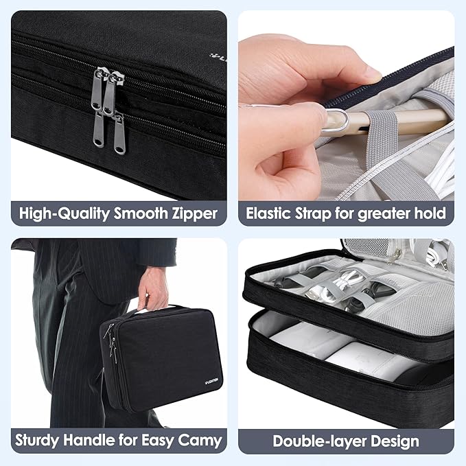 LENTION Cable Electronics Organizer Bag Pouch, Travel Cord Organizer Carry Case Waterproof Double Layers All-in-One Storage Bag Carrying for Cable, AirPods, Charger, Power Bank, Earphone Black