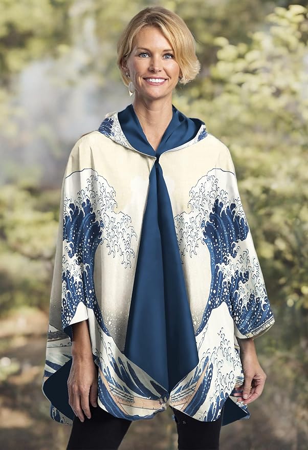 RainCaper Hokusai The Great Wave Womens Rain Cape Poncho with Hood Reversible