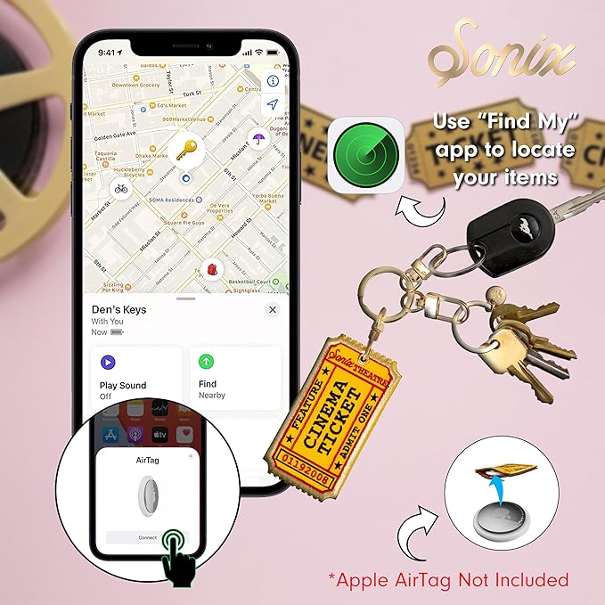 Sonix Keychain Case Compatible with Apple AirTag | Protective AirTag Cover Keychain Charm | Embroidered Cinema Tag Charm | Movie Ticket