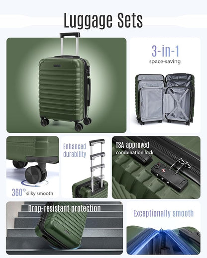 LIGHT FLIGHT Luggage Sets, 3 Piece Durable Suitcase Set with Spinner Wheels, 3 Pcs Hardside Lightweight luggage with TSA Lock, Large Checked Travel Suitcases, 20/24/28 Inch, Pine Green