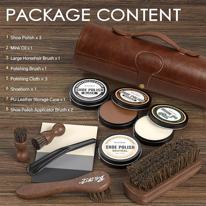 13Pcs Shoe Polish Kit, Shoe Shine Kit for Men & Women with Horsehair Shoe Polish Brush, Black Brown Neutral Mink Oil for Leather Boots Shoe Care Kit as Christmas Gift for Men with Care Cloth
