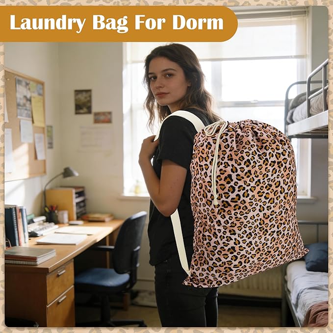 Canvas Laundry Bag with shoulder Strap 24" x 29", Large Drawstring Dirty Clothes Bag Washable Laundry Sack for College Dorm, Travel, Home, Camp (Leopard)