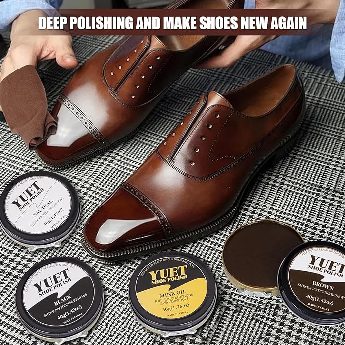 YUET 13PC Shoe Polish Care Kit Leather Boot Shine Set w/Travel Case, Brush, Cloth, Shoehorn, Brown Black Neutral Polish