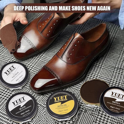 YUET 13PC Shoe Polish Care Kit Leather Boot Shine Set w/Travel Case, Brush, Cloth, Shoehorn, Brown Black Neutral Polish