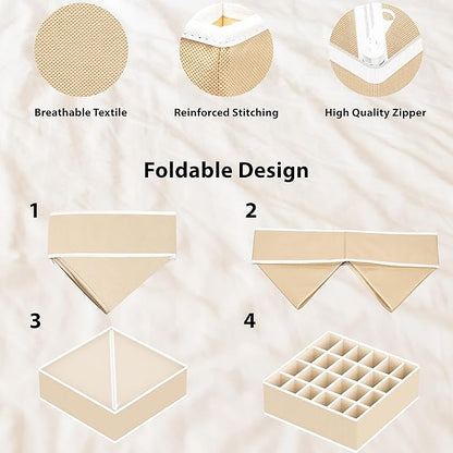 Simple Houseware 4-Pack Drawer Organizer Set - Closet Dividers for Underwear, Socks, Bras, Scarves, Ties - Foldable Non-Woven Storage Boxes, Beige