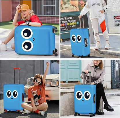 ANNA QUEEN Cute Smiley Face Luggage Cover, Blue Cartoon Suitcase Protector with Big Eyes Design, Stretchable, Washable Travel Cover for 24-26 Inch Luggage