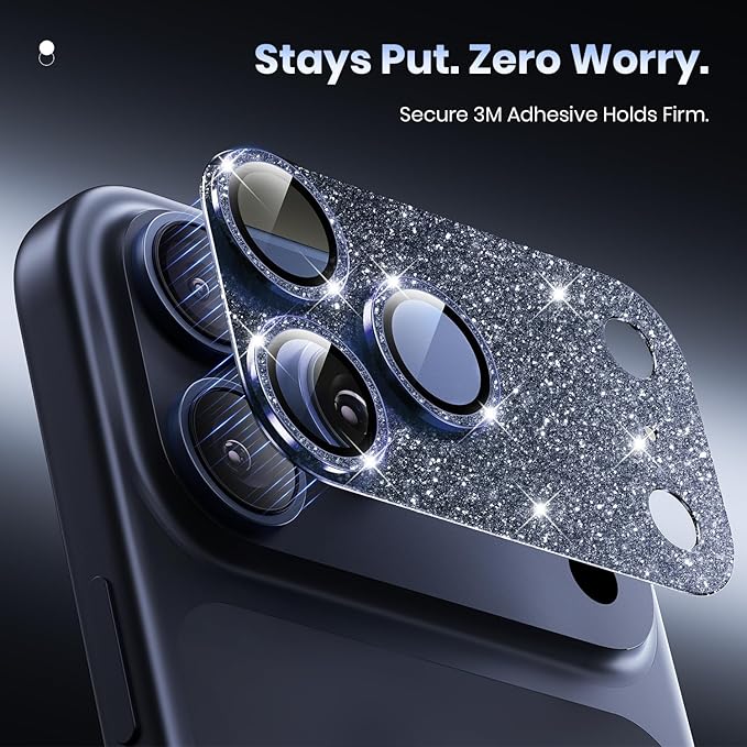 Hoerrye for iPhone 17 Pro Camera Lens Protector - [12FT Shatterproof Military Grade] [Strong Adsorption] Metal 9H+ Tempered Glass Camera Screen Full Cover Case Friendly,Glitter Deep Blue