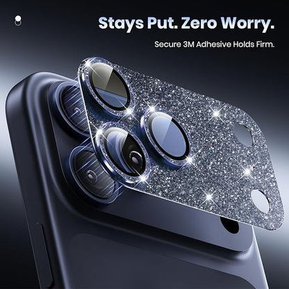 Hoerrye for iPhone 17 Pro Camera Lens Protector - [12FT Shatterproof Military Grade] [Strong Adsorption] Metal 9H+ Tempered Glass Camera Screen Full Cover Case Friendly,Glitter Deep Blue