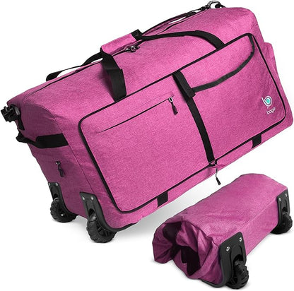 Bago Rolling Duffle Bag with Wheels - 27" 80L Foldable Weekender Bag, Waterproof Travel Duffel Bag, Heavy Duty lightWeight Duffle Bag for Traveling, Rolling Duffel Bag with Wheels (SnowPink)