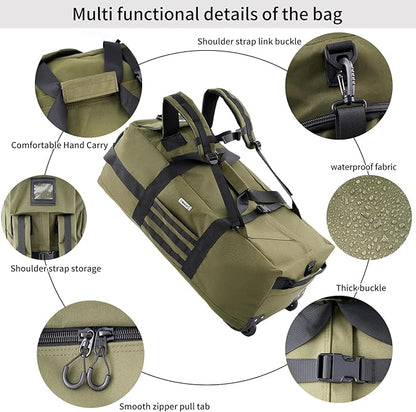 80L Waterproof Rolling Duffel Bag with Quick-Release Straps, Military Tactical Wheeled Foldable For Deployment Traveling Camping Sporting (Military Green)