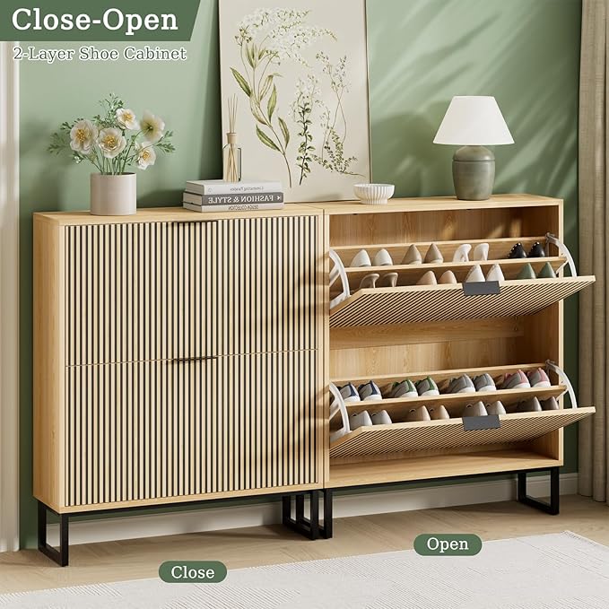 Shoe Cabinet Storage Entryway Slim, Shoe Organizer Cabinet with 2 Flip Drawers, Modern Freestanding Hidden Shoe Rack for Entryway, Natural Wood
