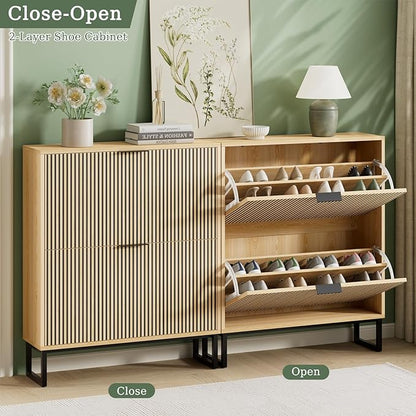 Shoe Cabinet Storage Entryway Slim, Shoe Organizer Cabinet with 2 Flip Drawers, Modern Freestanding Hidden Shoe Rack for Entryway, Natural Wood