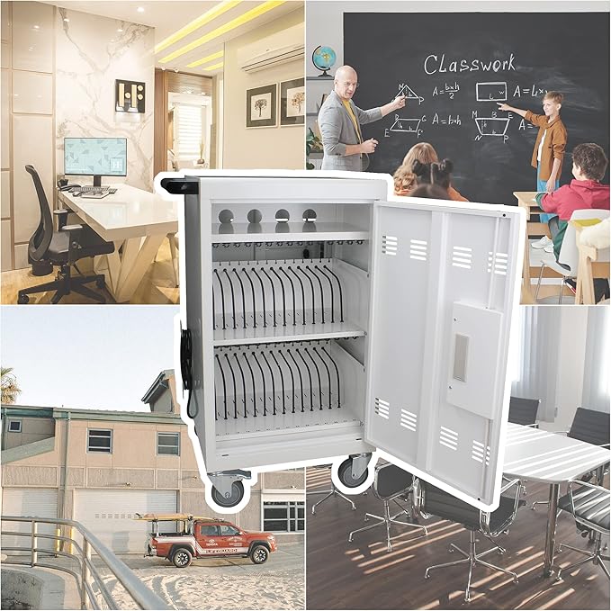 32 Device Mobile Charging Cart with Password Lock, Mobile Ipad Cart for iPads, Chromebooks and Laptop Computers, Locking Charging Station with Lock & Key for The Front Back Door, Surge Protection