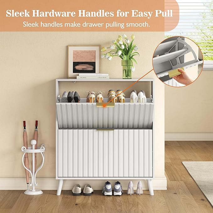 Slim Shoe Cabinet with 2 Flip Drawer Narrow Shoe Cabinet Storage with Adjustable Shelves, Shoe Organizer for Entryway Hallway Bedroom Living Room (White)