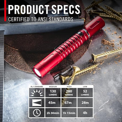 COAST XT10R 280 Lumen USB-C Rechargeable Pocket Flashlight/Penlight with TWIST FOCUS and Two-Way Clip, 3 Bite Caps included, Pocket Size for EDC, Work and Emergencies, RED