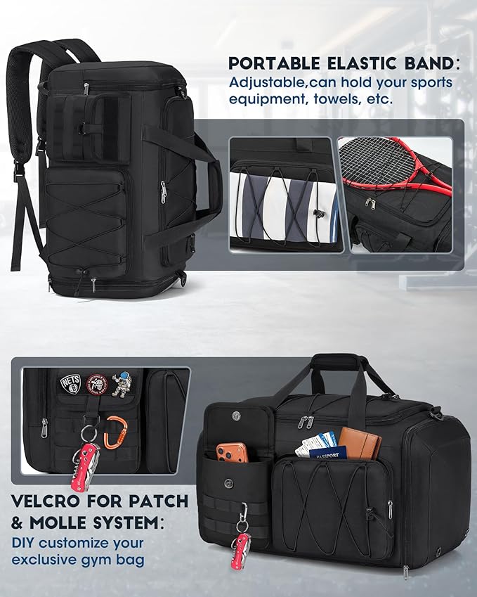 SDYSM Gym Bag for Men 45L Sports Duffel Bags 3-in-1 Travel Duffel Bag with Shoe Compartment, Gym Workout Backpack Carry On Weekender Bag Overnight Bag for Travel, Black