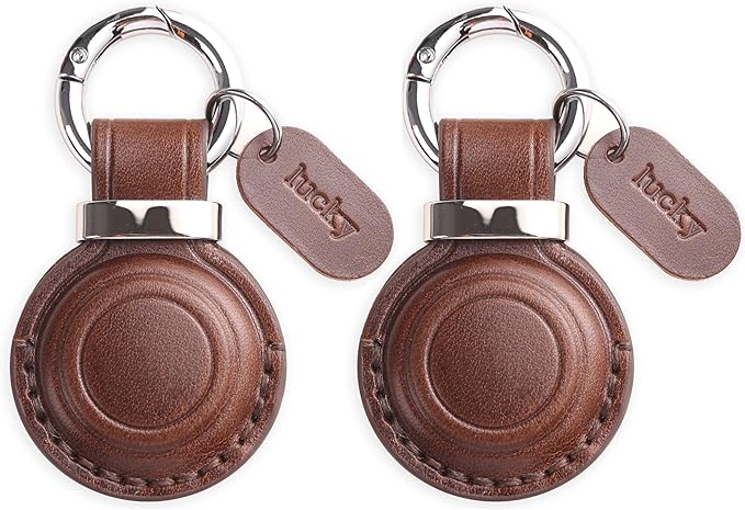 Genuine Leather Keychain Holder Compatible with AirTag - Secure Case Cover Key Ring Chain Fob Accessories Intended for Air Tag - Dark Brown (2 Pack)