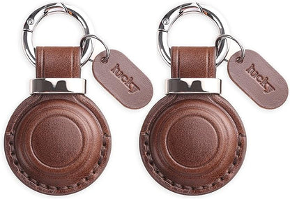 Genuine Leather Keychain Holder Compatible with AirTag - Secure Case Cover Key Ring Chain Fob Accessories Intended for Air Tag - Dark Brown (2 Pack)