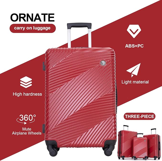 Luggage Sets Wear-Resistance Hardside Lightweight Suitcase Double Spinner Wheels, TSA Lock,Two Hooks, Scratch-resistant Carry-on,3 Piece Set(20inch 24inch 28inch) (Red)