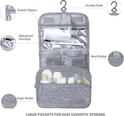 Large Capacity Toiletry Bag Travel Bag with Hanging Hook for Men and Women Waterproof Travel Cosmetic Bag Bathroom Storage Bag for Brushes Set,Full-Sized Shampoo,Toiletries,Accessories-Grey