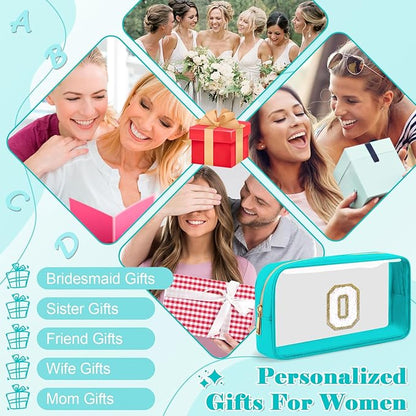 Personalized Initial Letter Clear Makeup Bag,Preppy Small Nylon&PVC Cosmetic Zipper Bag with Chenille Letter,Portable Beach Travel Skincare Toiletry Bag,Trendy Monogram Gift for Teen Girls Women,O