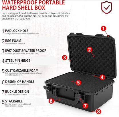 Hard Case with IP67 Waterproof Shockproof Tool Box for Microphone, Drones, Camera, Equipments, Portable Storage Case, 12.2 x 9.8 x 5.5 Inch
