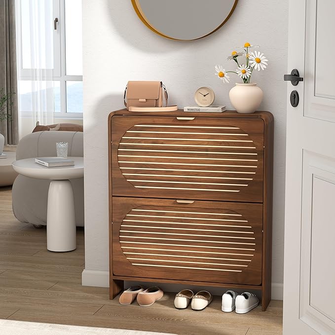 Wood Shoe Storage Cabinet with 2 Flip Drawer, Mid-Century Farmhouse Curved Corner Shoe Cabinet Arched Fluted Pattern, Hidden Narrow Shoe Organizer for Entryway, Living Room (Walnut, No-Divider)