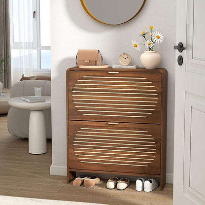 Wood Shoe Storage Cabinet with 2 Flip Drawer, Mid-Century Farmhouse Curved Corner Shoe Cabinet Arched Fluted Pattern, Hidden Narrow Shoe Organizer for Entryway, Living Room (Walnut, No-Divider)