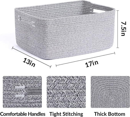 Large Storage Baskets for Shelves, Closet Organizers Bins for Clothes Blanket Towels, Baby Nursery, Toy Baskets Box, Woven Rope Baskets, 17 x 13 x 7.5”, 3 Packs Mixed Grey