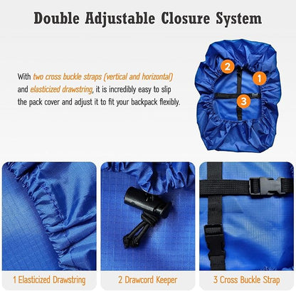Waterproof Backpack Rain Cover (15-90L), Heavy-Duty Nylon Pack Cover with Upgraded Double Adjustable Closure System and a Carry Pouch for Hiking, Cycling. Durable and Lightweight.