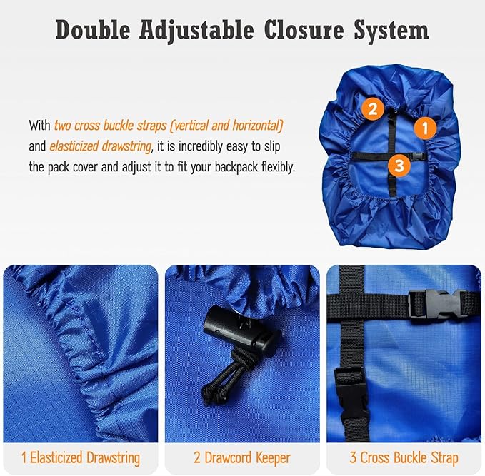Waterproof Backpack Rain Cover (15-90L), Heavy-Duty Nylon Pack Cover with Upgraded Double Adjustable Closure System and a Carry Pouch for Hiking, Cycling. Durable and Lightweight.