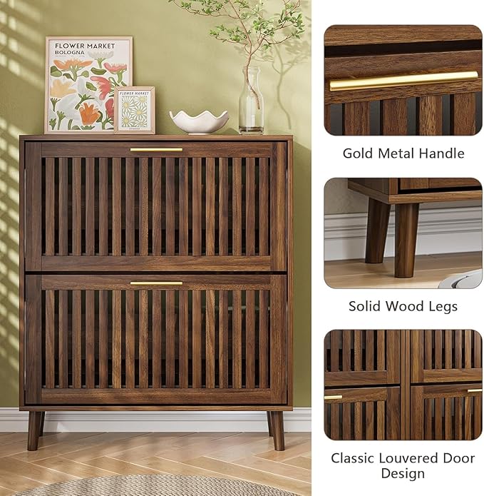 Walnut Shoe Cabinet with 2 Flip Drawers for Entryway,Narrow Shoe Storage Cabinet with Solid Wood Leg,Freestanding Slim Shoe Organizer for Hallway
