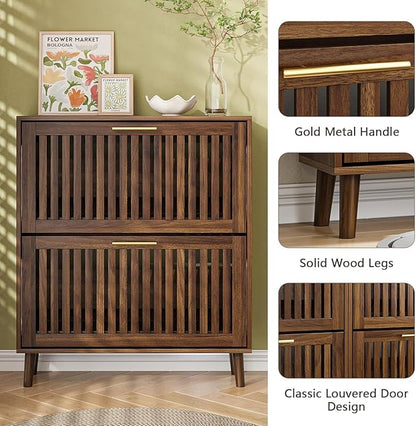Walnut Shoe Cabinet with 2 Flip Drawers for Entryway,Narrow Shoe Storage Cabinet with Solid Wood Leg,Freestanding Slim Shoe Organizer for Hallway