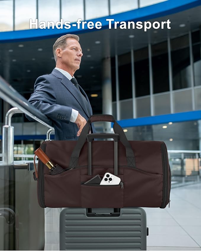 NPBAG Convertible Garment Duffle Bags for Travel - Carry on Garment Bag, Suit Bag for Men & Women, 3 in 1 Foldable Travel Duffle Backpack with Shoulder Strap (Brown)