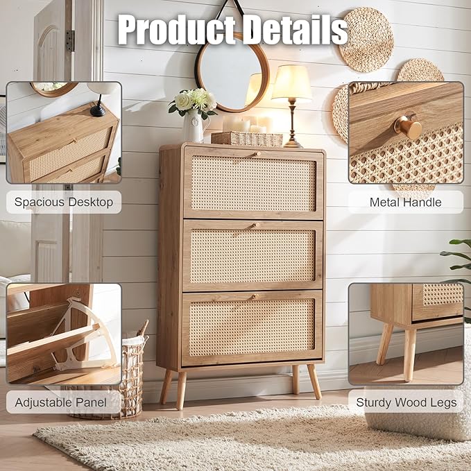 Rattan Shoe Cabinet with 3 Flip Drawers, 48 Pairs Narrow Shoe Storage Cabinet for Entryway Freestanding Hidden Shoe Rack, Modern Slim Wood Shoe Organizer for Hallway, Natural