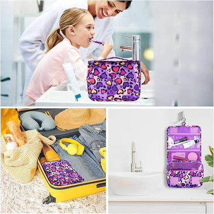 Kids Hanging Toiletry Bag for Girls, Travel Toiletry Bag for Little Young Girls Cosmetic Makeup Waterproof Wash Bag Toddler Traveling Toiletries, Leopard Purple